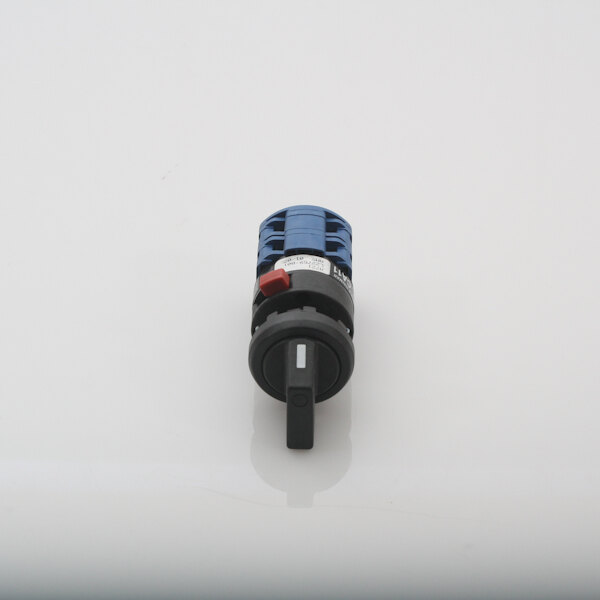 A close up of a black and blue Blodgett R4622 switch with a red button.