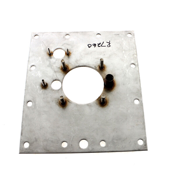 A metal Blodgett mounting plate with holes and screws.