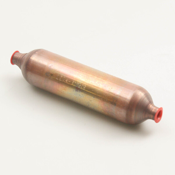 A copper metal cylinder with a red cap.