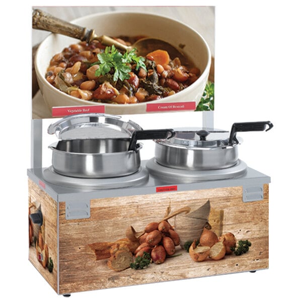 A Nemco soup warmer with two bowls of soup on a countertop.