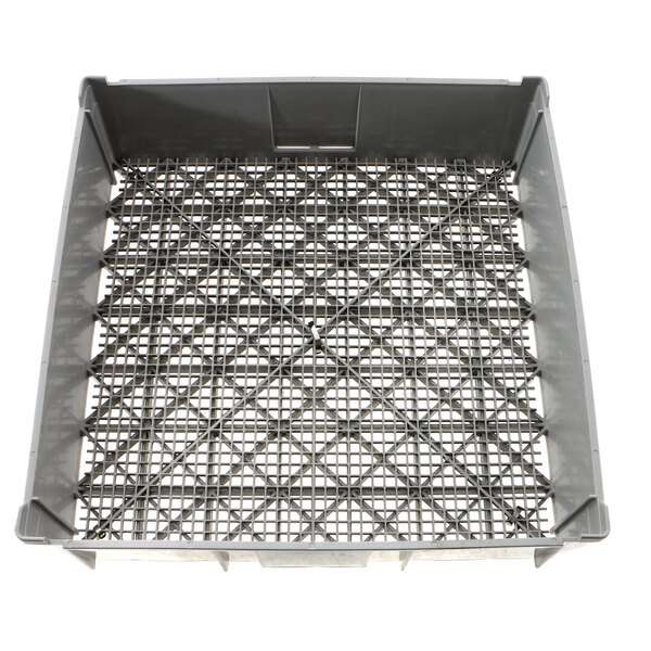 A grey plastic dish rack with a metal grid.
