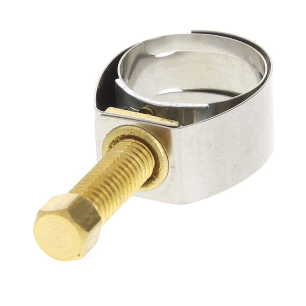 A stainless steel Eloma hose clip with a gold bolt.