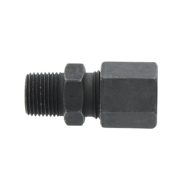 A black threaded Pitco coupling with a nut.