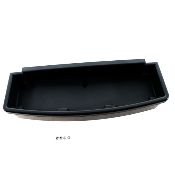 A black plastic drain pan with a handle.