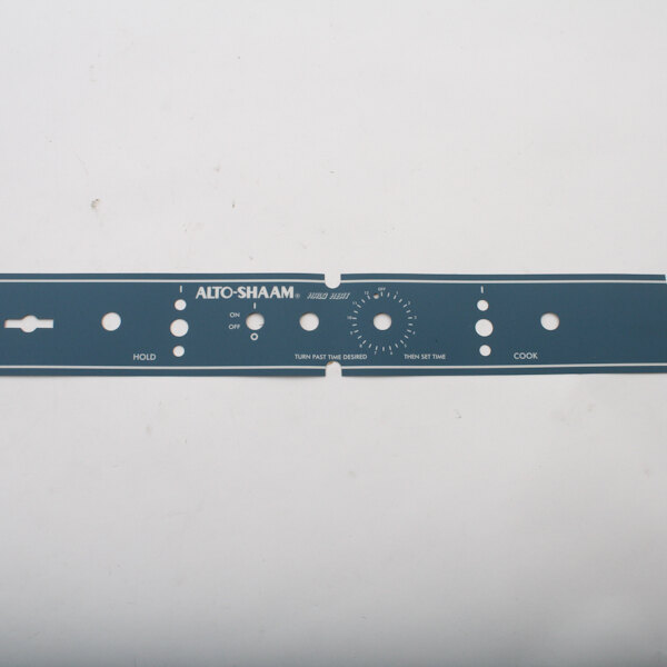A blue rectangular face plate with white text and two buttons.