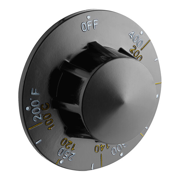 A black Pitco knob with yellow numbers.