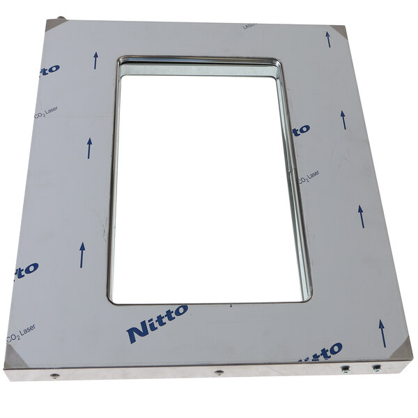 A rectangular white screen with a silver metal frame with blue writing on it.