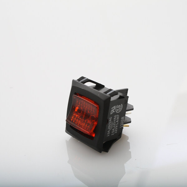 A black Doyon rocker switch with a red light.