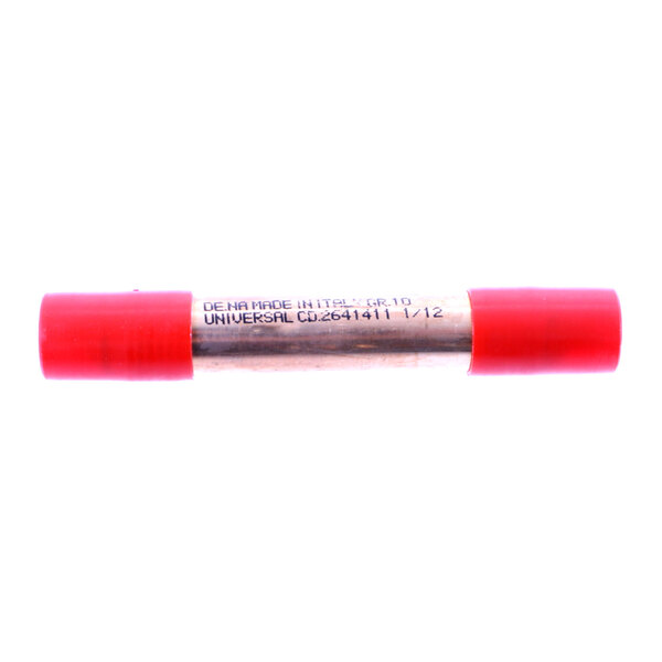 A red tube with a red cap and a label with the number FCS0002641411.