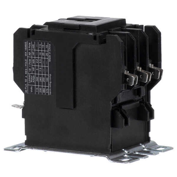 A black Stero contactor with metal parts and two terminals.
