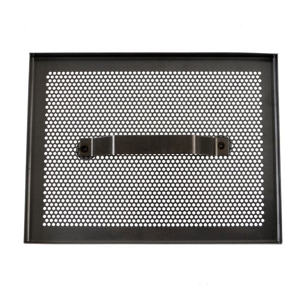 A black metal Champion screen weldment tray with a handle and holes in it.