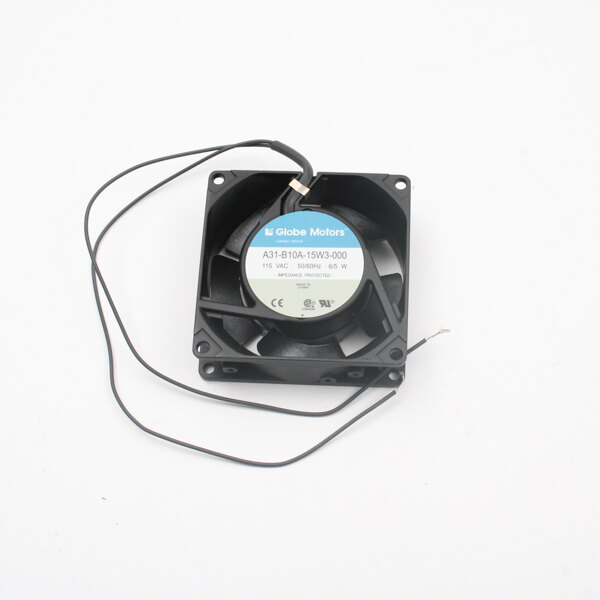 A black Middleby Marshall axial fan with wires attached.