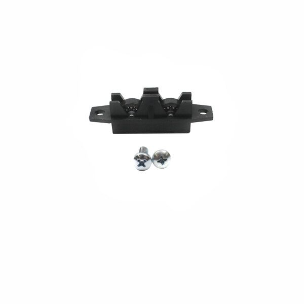 A black plastic bracket with wheels and screws.