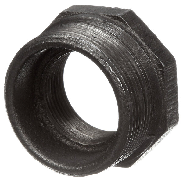 A black bushing nut with a hole in the middle.