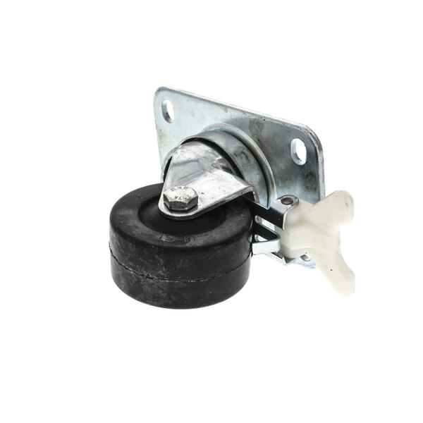 A black and silver caster wheel with a metal nut and plastic cap.