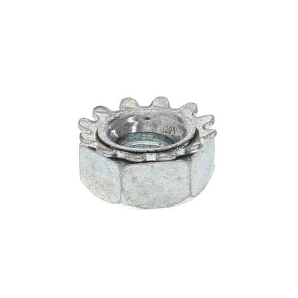 A Bakers Pride 1/4-20 hex lock nut with a metal ring on top.
