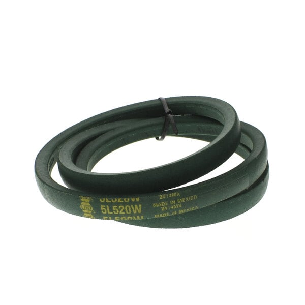 Two green rubber belts with yellow writing on a white background.