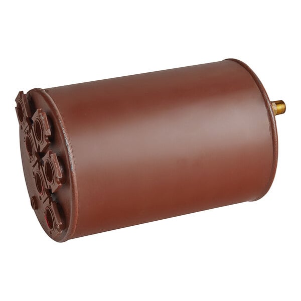A brown metal cylinder with a handle.