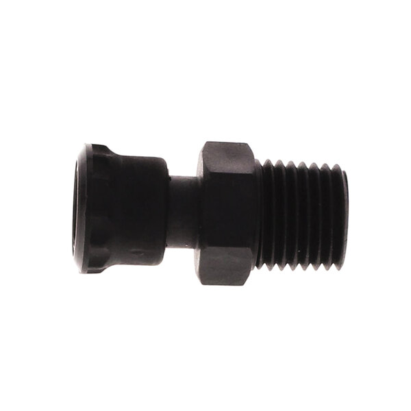 A black plastic pipe with a black threaded nut.