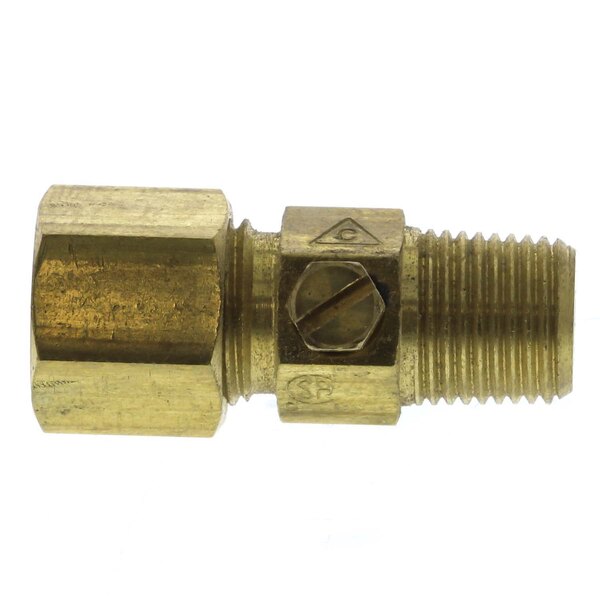 A close-up of a brass threaded hose fitting with a nut and a screw.