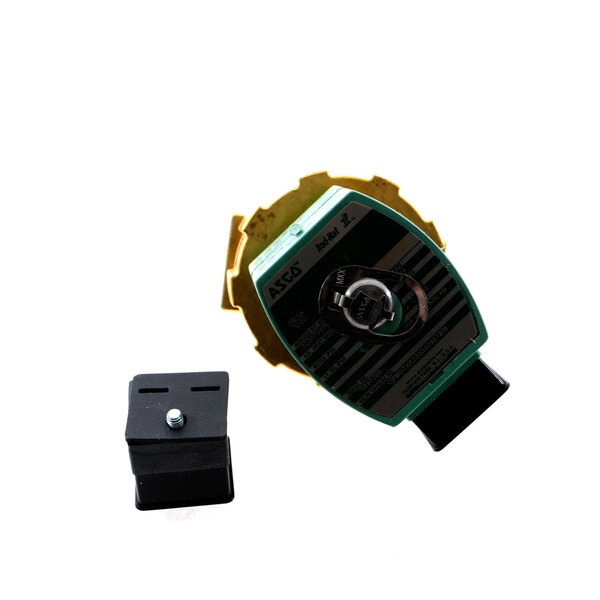 A black square Unimac water valve with a green and yellow electronic device inside.