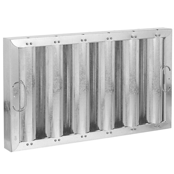 A galvanized metal hood filter with metal bars.
