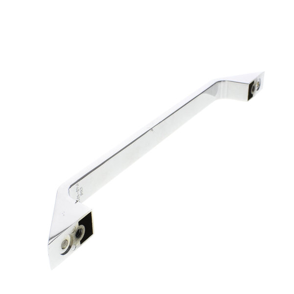 A chrome metal handle with square holes.