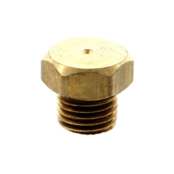 A brass threaded nut on a circular object.
