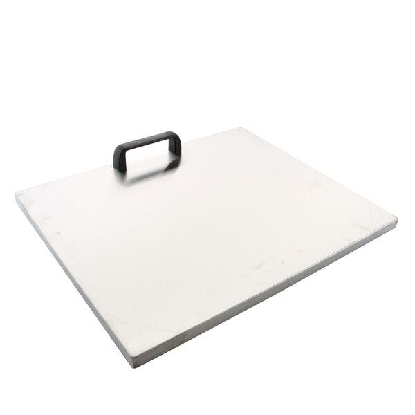 A white rectangular lid with a black handle.
