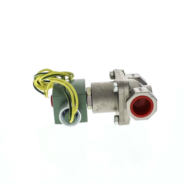 A close-up of a Groen steam valve solenoid with a red and green wire.