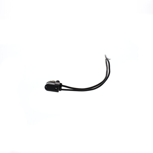A black cord with a white plug on a white background.