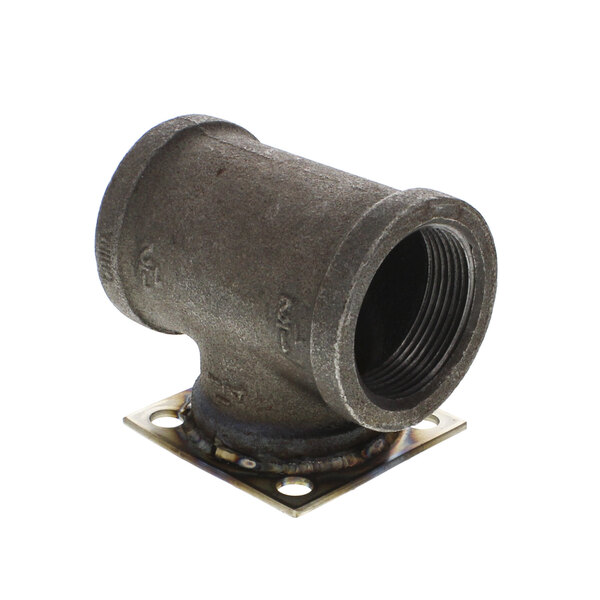 A black Champion flange and tee pipe fitting with a metal base.