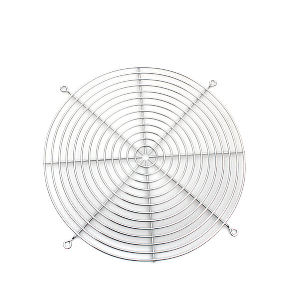 A metal circular wire grid fan guard.