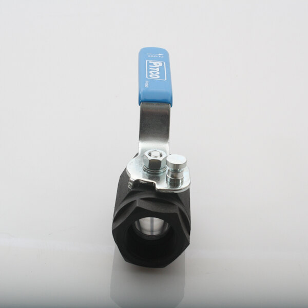 A black and silver Pitco drain valve with a blue handle.