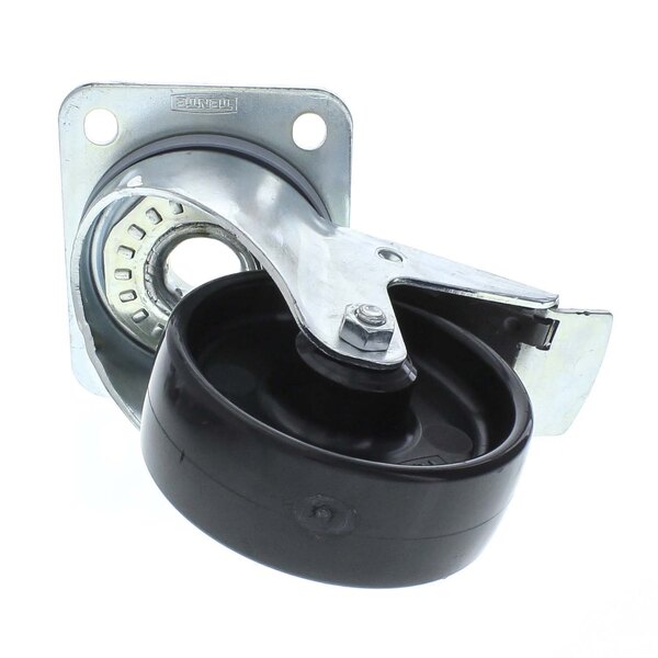 A black caster wheel with a metal plate on top.