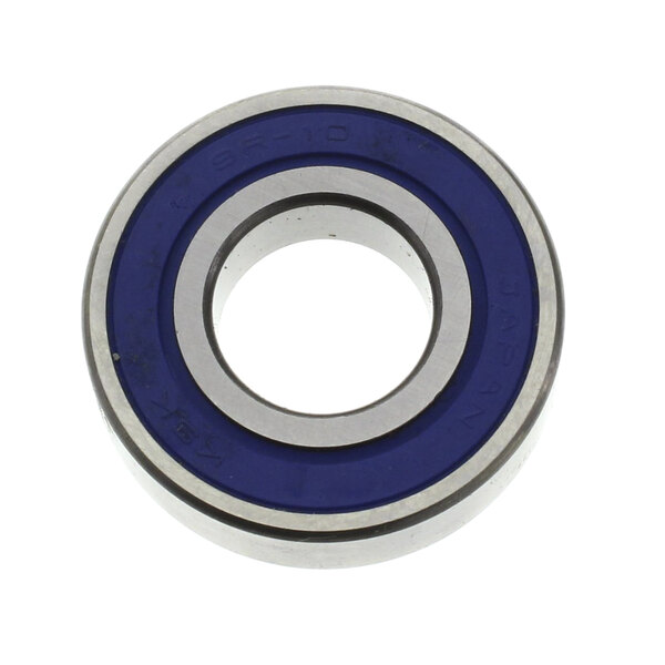 A close-up of a blue and white NU-VU ball bearing.