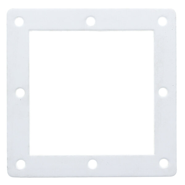 A white square plastic gasket with holes.