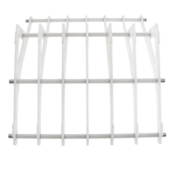 A white plastic rack with metal rods.