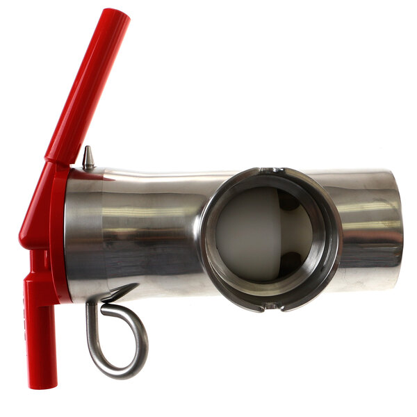 A stainless steel metal pipe with a red handle.