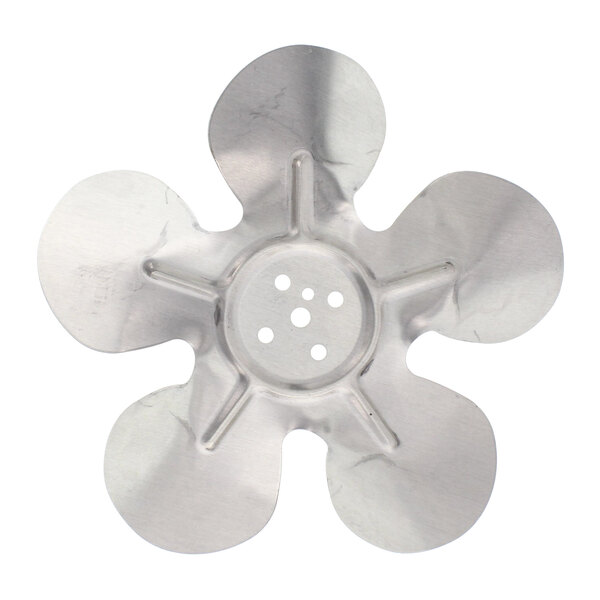 A silver metal flower-shaped Delfield fan blade with holes.