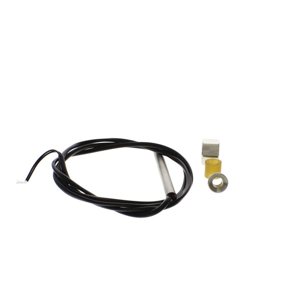 A Delfield temperature probe kit with a black wire and a metal square object on a white background.