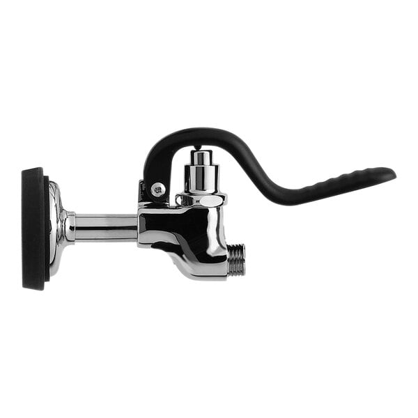 A chrome Equip by T&amp;S spray valve with a black handle.