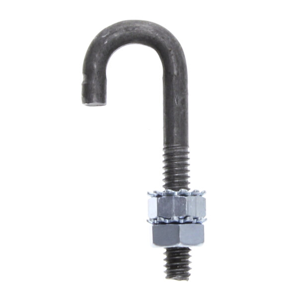 A close-up of a black metal spring hook with a nut and a bolt.