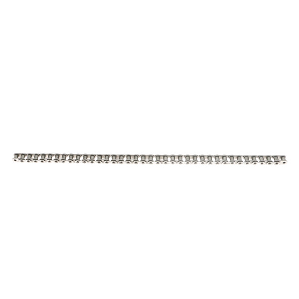 A silver metal chain with small holes.