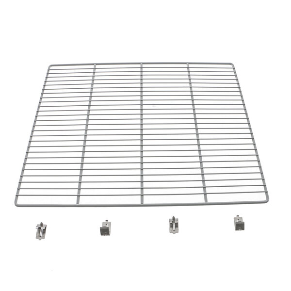 A metal grid with two screws and two clips.