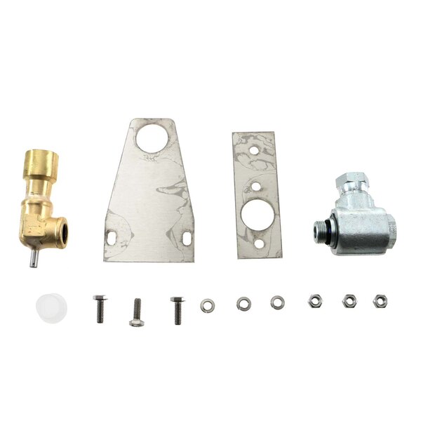 A group of metal parts including a metal plate with a hole.