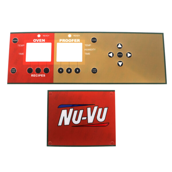 A rectangular red and gold NU-VU label with buttons.