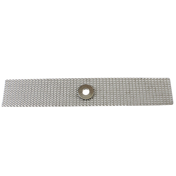 A stainless steel circular mesh screen with a metal rectangle with a hole in it.