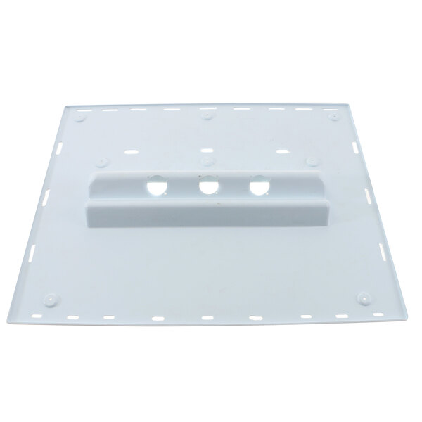 A white plastic Randell fan mounting plate with holes.