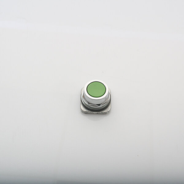 A green button on a white surface with a round white base with the words "Push Button" and "Blodgett" in the center.